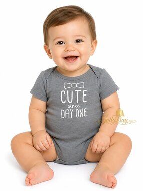 Baby Boy Creeper Bodysuit ‘Cute since Day One’ Bowtie Print Cotton Romper